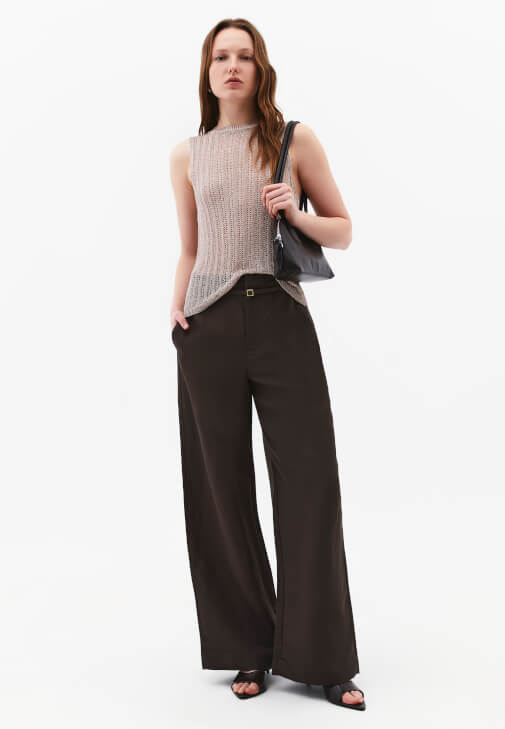 Kahverengi Keten Karışımlı Straight-Fit Pantolon ( TENCEL™ )