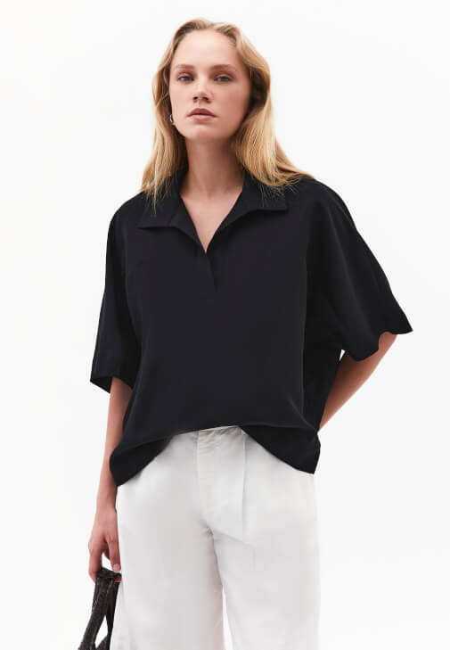 Siyah Keten Karışımlı Oversize Bluz ( TENCEL™ )