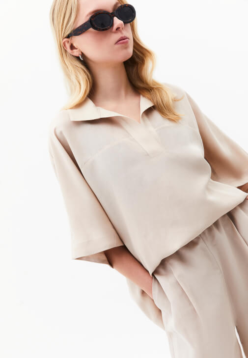 Bej Keten Karışımlı Oversize Bluz ( TENCEL™ )