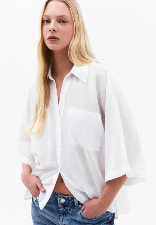 Beyaz Oversize Cepli Gömlek ( TENCEL™ )