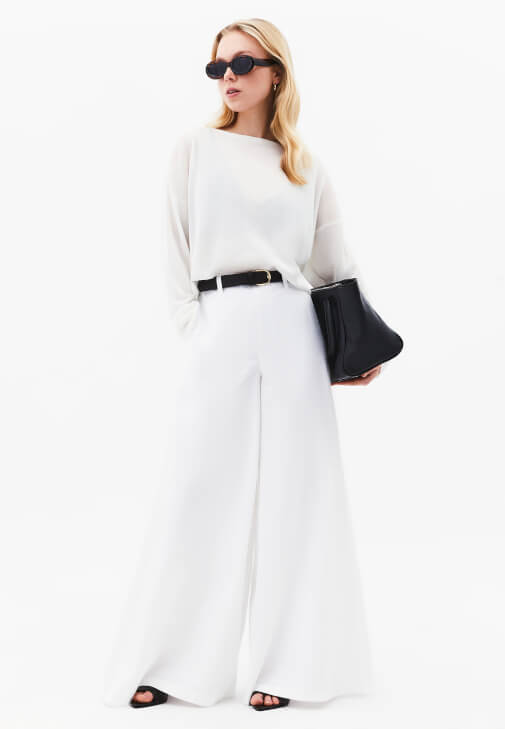 Beyaz Kemer Detaylı Wide-Leg Pantolon ( TENCEL™ )