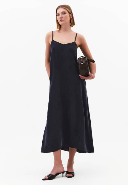 Lacivert Askılı Uzun Elbise (TENCEL™ )