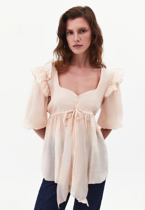 Bej Fırfır Detaylı Bluz ( TENCEL™ )