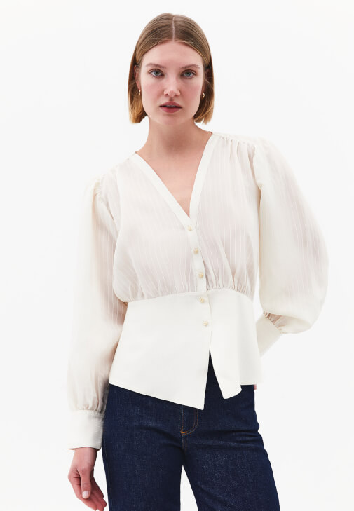 Krem V Yaka Büzgülü Bluz ( TENCEL™ )