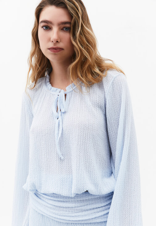 Jakarlı Balon Bluz ve Jakarlı Pantolon Kombini