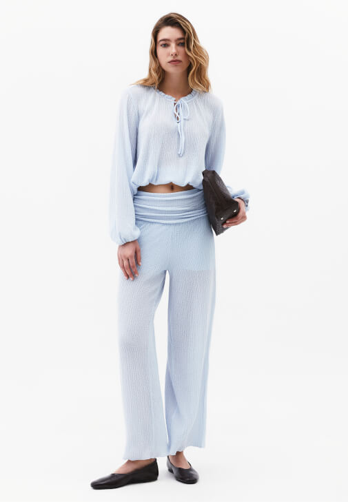 Gök Mavisi Jakarlı Wide-Leg Pantolon