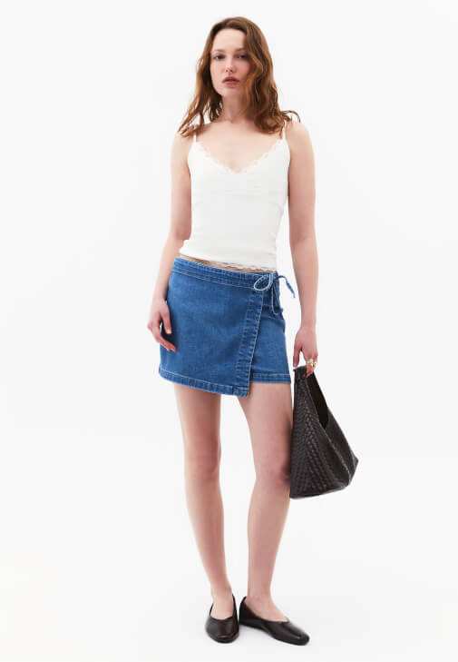 Mavi Bağlama Detaylı Denim Şort Etek