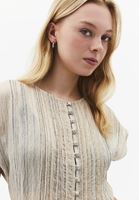 Bayan Bej Düğme Detaylı Bluz