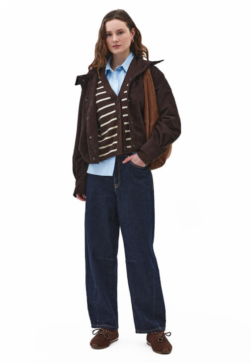  Çizgili Hırka ve Orta Bel Denim Kombini