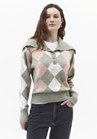 Bayan Yeşil Düğme Detaylı Jakarlı Kazak