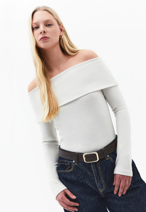 Yeşil Düşük Omuz Triko Kazak