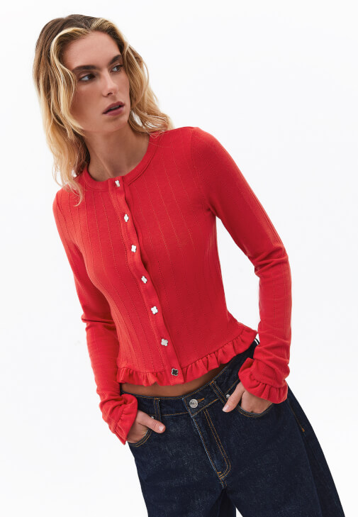 Kırmızı Fırfır Detaylı Hırka