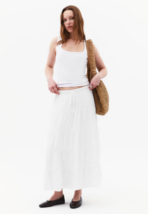 Beyaz Yüksek Bel Midi Etek