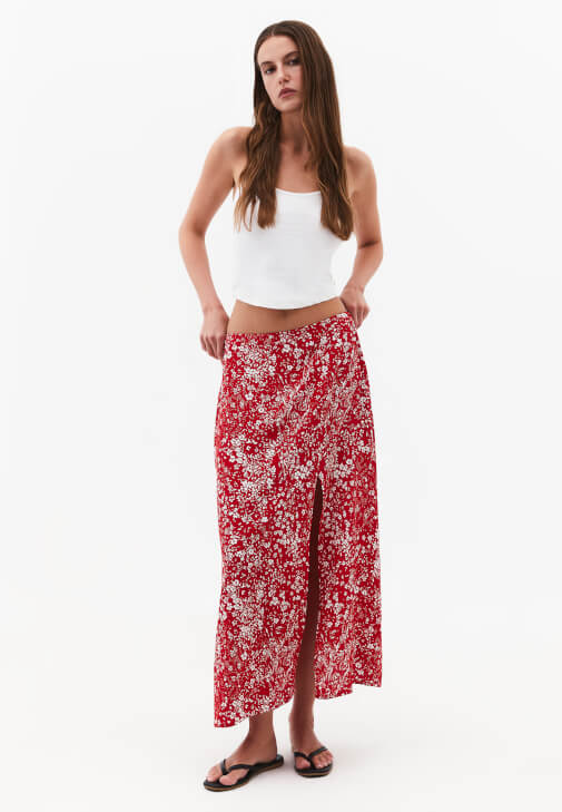 Çok Renkli Yüksek Bel Yırtmaçlı Midi Etek