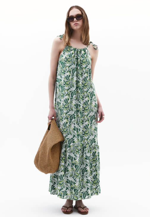 Çok Renkli Halter Yaka Bağlamalı Elbise