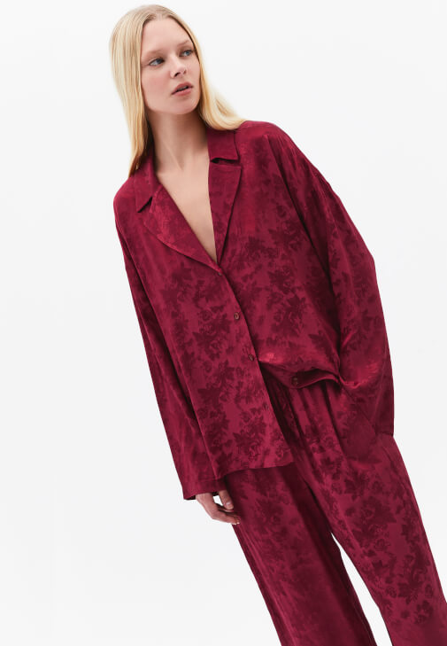 Kırmızı Jakarlı Oversize Gömlek