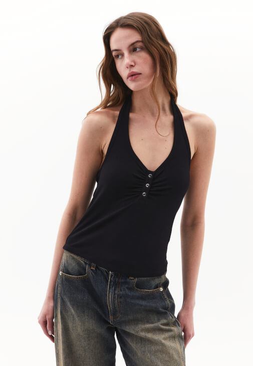 Halter Yaka Atlet ve Barrel-Fit Denim Pantolon Kombini