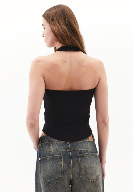 Halter Yaka Atlet ve Barrel-Fit Denim Pantolon Kombini