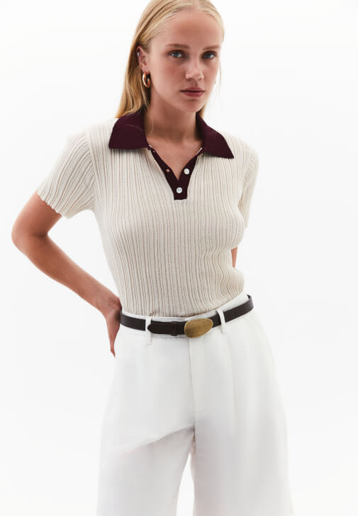 Krem Polo Yaka Triko Kazak