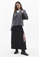 Bayan Siyah Yüksek Bel Yırtmaçlı Midi Etek