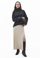 Bayan Bej Yüksek Bel Yırtmaçlı Midi Etek