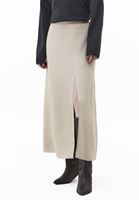 Bayan Bej Yüksek Bel Yırtmaçlı Midi Etek