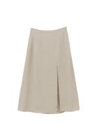 Bayan Bej Yüksek Bel Yırtmaçlı Midi Etek