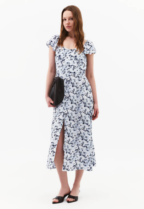 Çok Renkli Yırtmaç Detaylı Midi Elbise