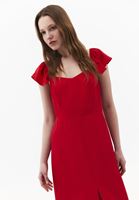 Bayan Kırmızı Yırtmaçlı Midi Elbise