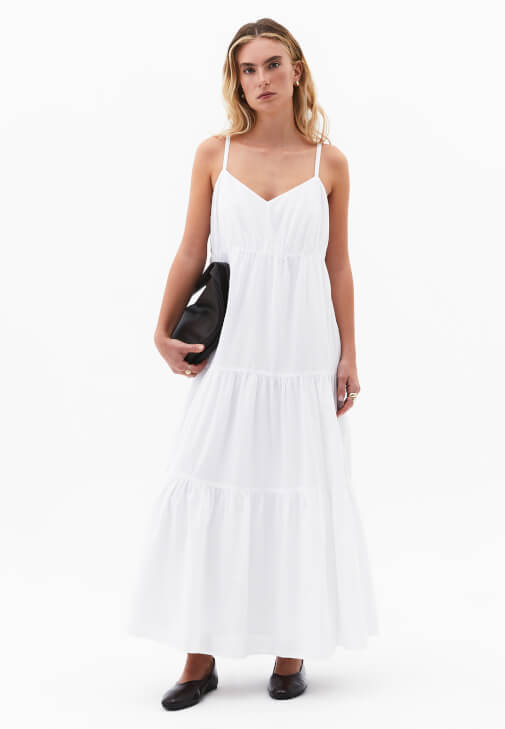 Beyaz Büzgülü Uzun Elbise