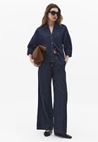 Bayan Lacivert Keten Karışımlı Wide-Leg Pantolon