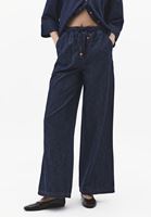 Bayan Lacivert Keten Karışımlı Wide-Leg Pantolon