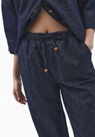 Bayan Lacivert Keten Karışımlı Wide-Leg Pantolon