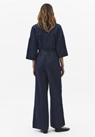 Bayan Lacivert Keten Karışımlı Wide-Leg Pantolon