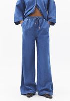 Bayan Mavi Keten Karışımlı Wide-Leg Pantolon