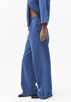 Bayan Mavi Keten Karışımlı Wide-Leg Pantolon