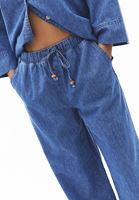 Bayan Mavi Keten Karışımlı Wide-Leg Pantolon