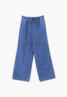 Bayan Mavi Keten Karışımlı Wide-Leg Pantolon