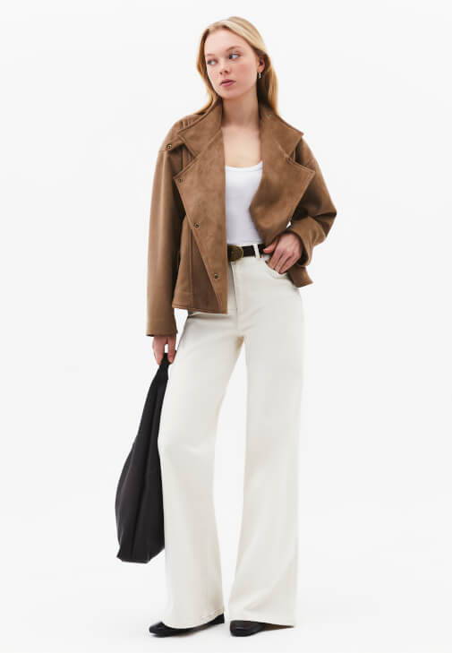 Bej Yüksek Bel Wide-Leg Pantolon