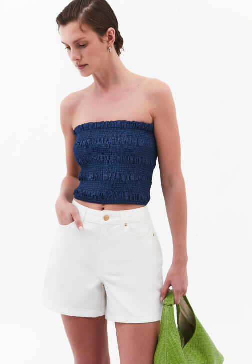 Lacivert Straplez Denim Bluz
